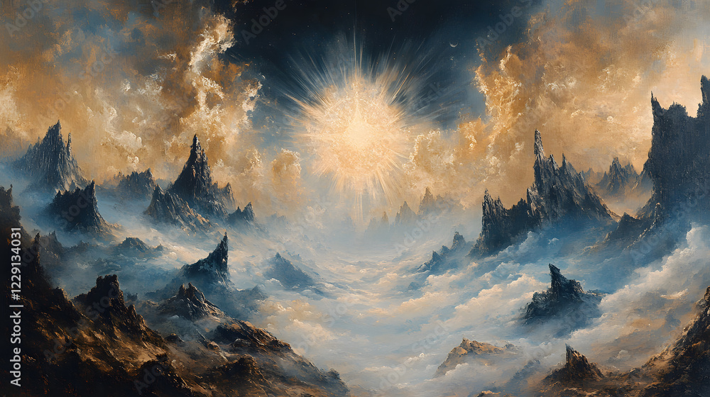Poster a surreal landscape depicting towering mountains and a vibrant sun emerging from clouds, creating a 