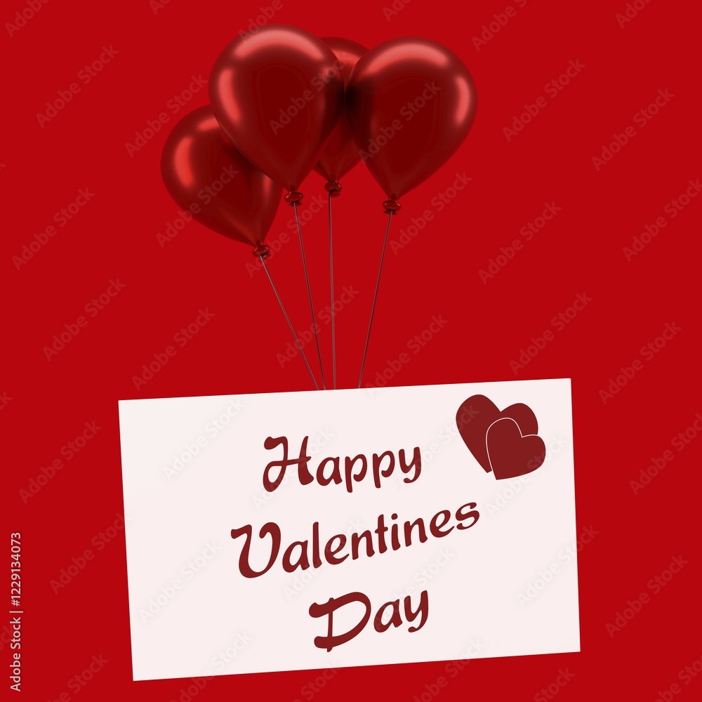 Poster four shiny red balloons with a valentines day card on a red background, 3d rendering