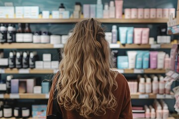 Young woman standing in front of shelves with cosmetic and makeup products in store. KI generiert, generiert, AI generated