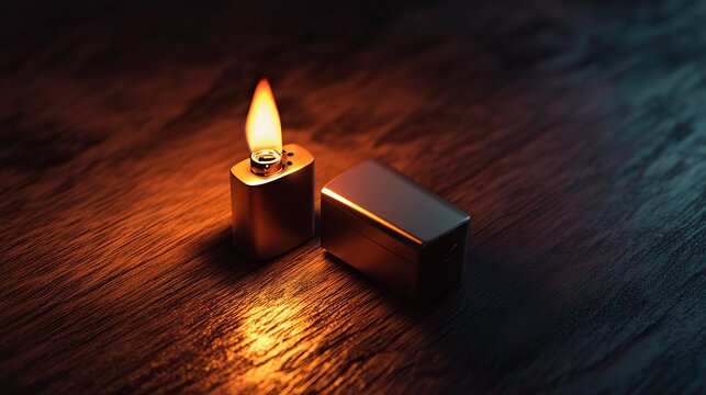 Two metal blocks, one with a flame, on a textured dark surface.