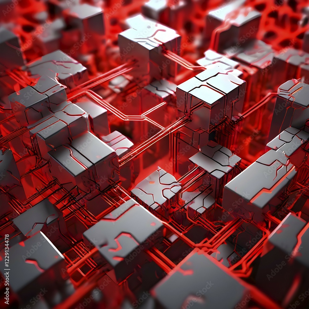 Poster abstract artwork illustrating blockchain technology with interconnected geometric shapes symbolizing