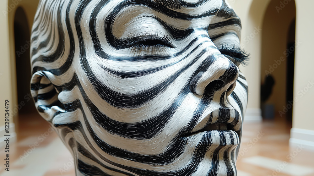 Poster sculpted face with black and white flowing stripe patterns in gallery