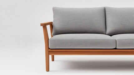 Minimalist teak sectional sofa with sleek armrests and gray cushions
