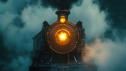 Vintage steam train front view with smoking funnel against dark sky.