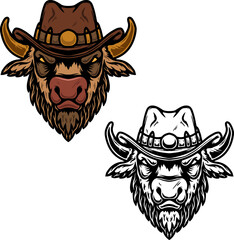 Illustration of buffalo in cowboy hat. Design element for poster, t shirt, sign. Vector illustration