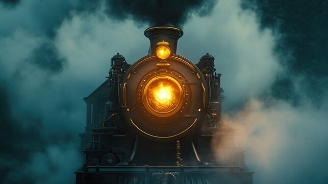 Vintage steam train front view with smoking funnel against dark sky. - Powered by Adobe