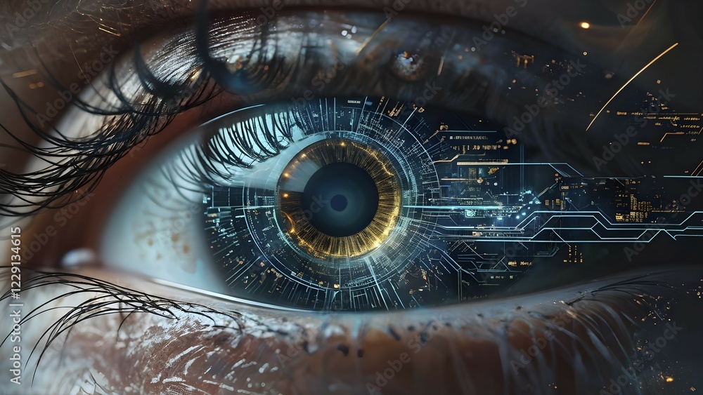 Poster human eye close up with expressive intricate circuits surrounding abstract digital fantasy backgroun