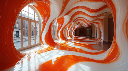 Wavy orange and white interior with glossy flowing surfaces and windows