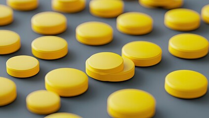 3D render of yellow capsule pills on a grey background
