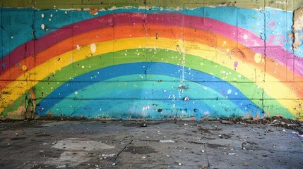 Urban graffiti with a bright rainbow on a concrete cracked wall. Bright background. The idea of self-expression, diversity and individuality