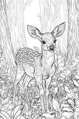 Charming Baby Deer in Forest Scene . Children coloring page