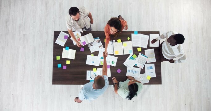 Above, meeting and handshake with business people in office for event planning, budget approval and agreement. Project management, teamwork and proposal success with employees for campaign producer