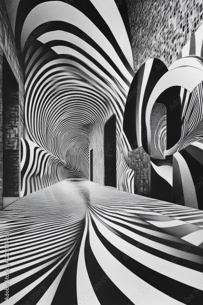 Poster a mesmerizing black and white optical illusion tunnel with bold striped patterns, creating a dynamic