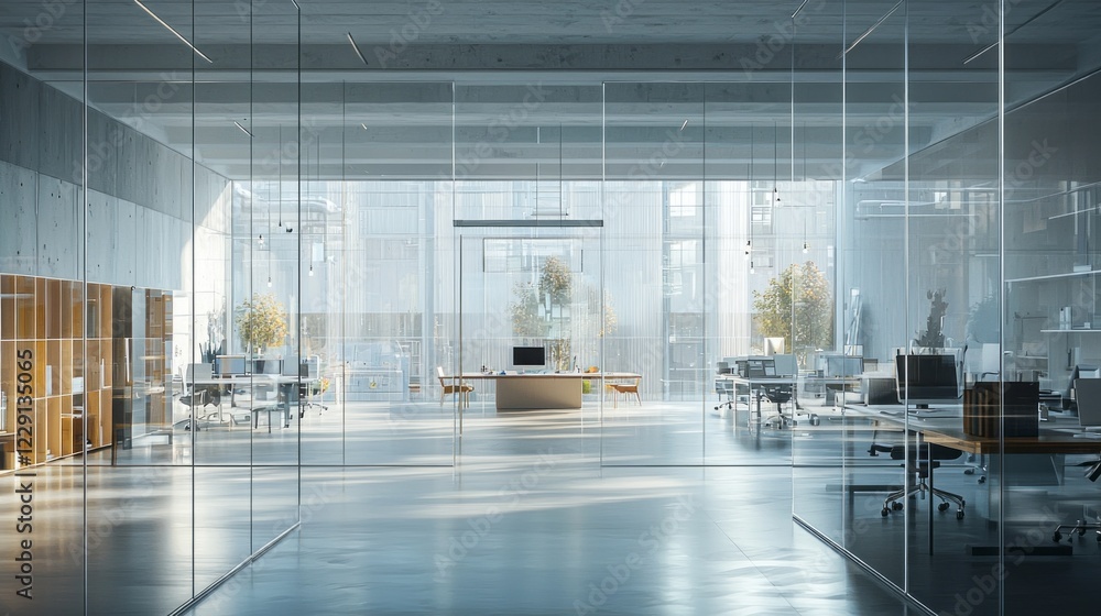 Poster An inspiring workspace unfolds with sleek glass walls and minimalistic design, filled with advanced technology and inviting natural light. The calm setting encourages creativity and collaboration