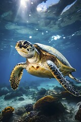Fototapeta premium Turtle ensnared by plastic debris battles the ocean currents, AI generated