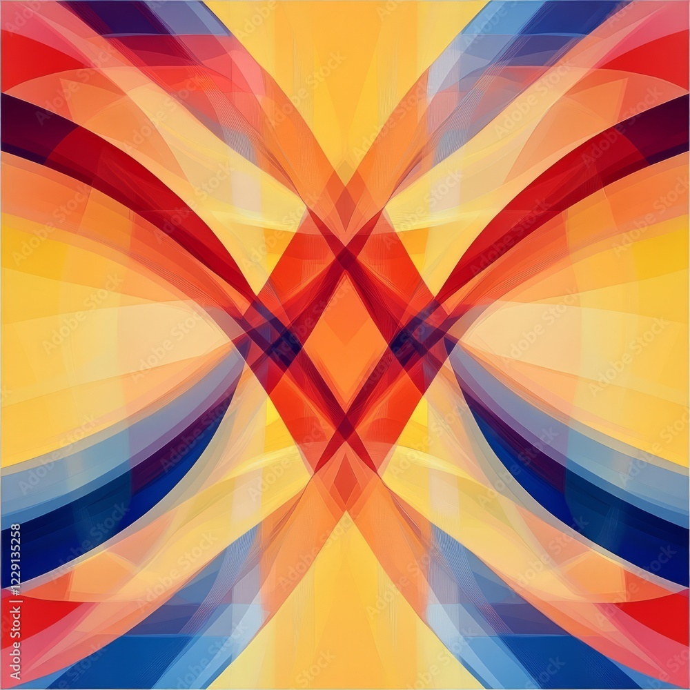 Poster dynamic abstract geometric art featuring vibrant overlapping shapes in red, blue, and yellow tones, 