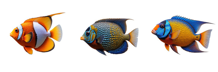 Three Colorful Tropical Fish Swimming Together