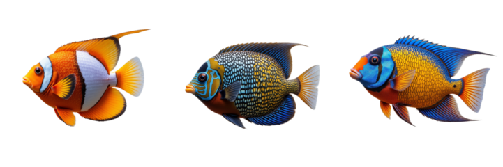 Three Colorful Tropical Fish Swimming Together