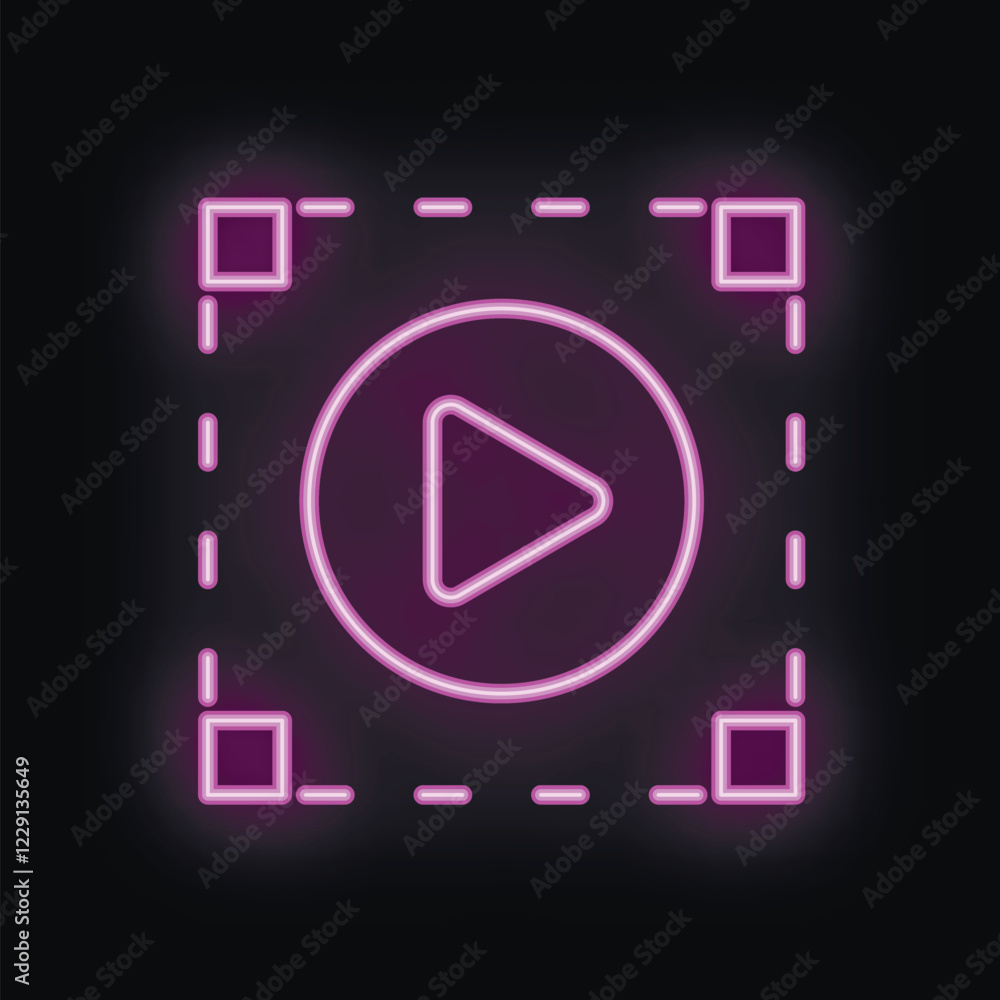 Poster bright purple neon play button symbol is flashing inside a square frame with a black background