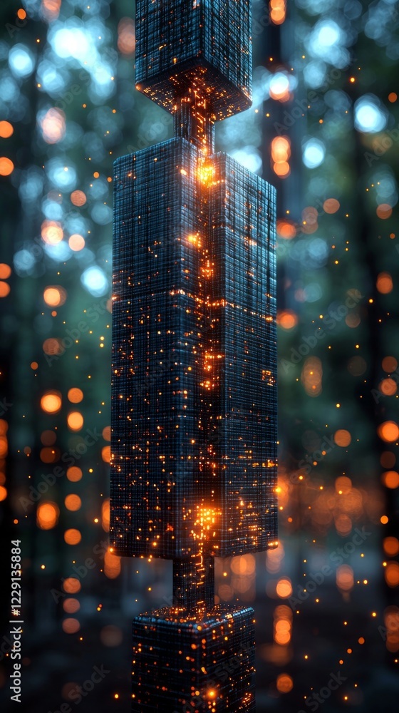 Aufkleber A futuristic representation of blockchain technology is showcased with a towering structure composed of interconnected nodes and glowing particles