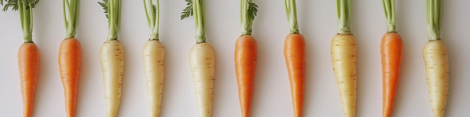 A row of fresh carrots on a white surface, ideal for food photography or still life compositions