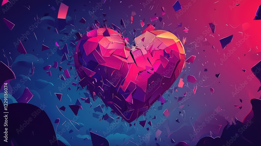 Poster vibrant geometric heart exploding with colorful fragments