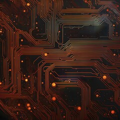 Birds eye view of a circuit board in vivid colored paths and connections, AI generated