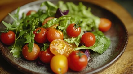 A fresh plate of mixed greens with juicy cherry tomatoes, perfect for lunch or dinner