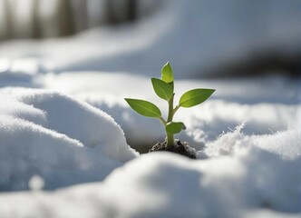 young plant growing in the snow