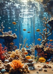 Transparent glass underwater with corals, fish, algae