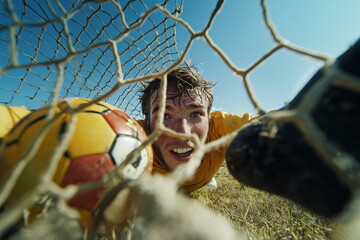 Goalkeeper prepares to leap for ball during an intense soccer match under clear blue sky on a sunny day in the field