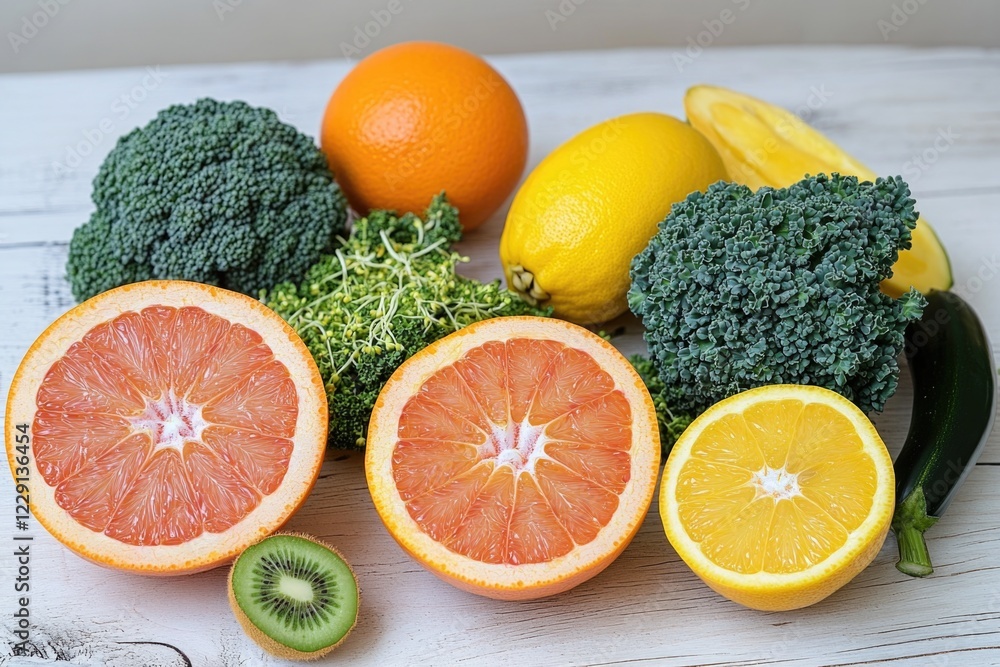 Poster a variety of fruits and vegetables arranged on a table for display or use