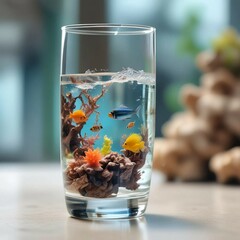 Transparent glass with water, fish, corals on the table
