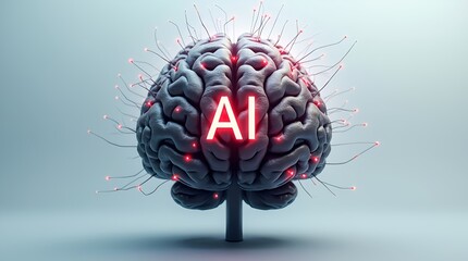 Photorealistic representation of the human brain's left hemisphere with highlighted AI connections