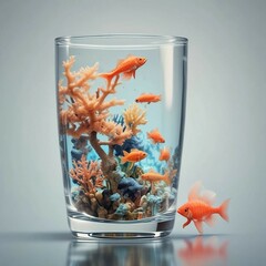 Transparent glass with water, fish, corals on a plain background