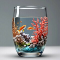Transparent glass with water, fish, corals on a plain background