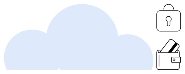 Large blue cloud, lock icon, wallet holding credit card. Ideal for online transactions, cloud storage, data protection, cybersecurity, e-commerce banking and digital security. Line metaphor