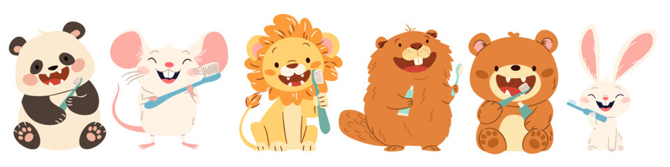 Fototapeta premium A set of flat vector illustrations in a simple children's style. Cute panda bear bunny bunny mouse lion and beaver brushing teeth, holding toothbrushes. Oral hygiene. Vector illustration