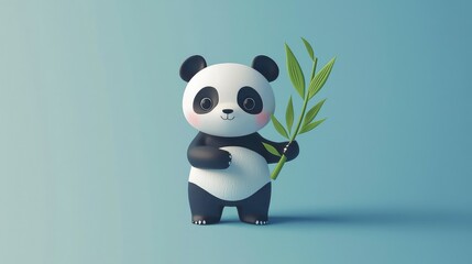 Naklejka premium Cute Cartoon Panda Holding Bamboo Against a Soft Blue Background
