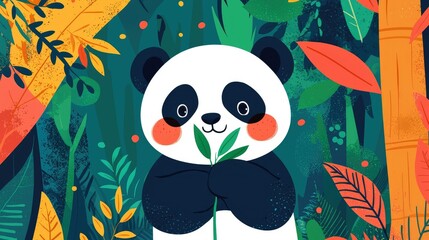 Naklejka premium Cute Panda Character with Bamboo in a Colorful Jungle Background