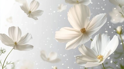 White cosmos flowers float gently with bokeh effects.