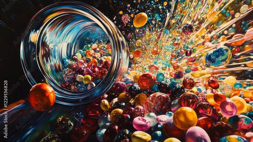 Poster dynamic abstract image of colorful marbles in motion, creating a vibrant explosion of colors and ene