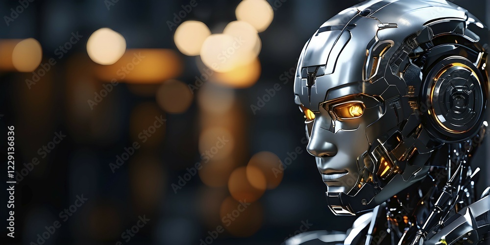 Poster advanced humanoid robot heads illustrating future robot concepts, ai generated