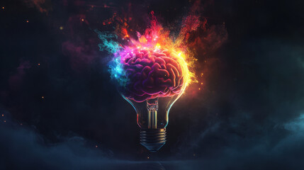 vibrant brain inside light bulb, radiating colorful energy and creativity, symbolizes innovation and intelligence in sci fi setting