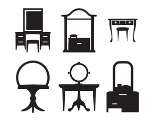 Collection of silhouettes of a dressing table. Template for stencils. A table for cosmetics. Vector illustration.
