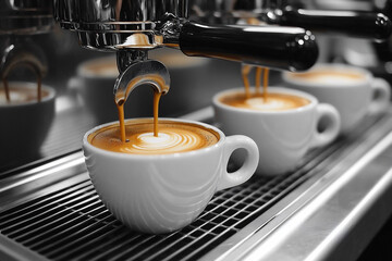 Coffee Brewing Process From an Automated Machine With Multiple Cups Ready for Serving, Showcasing the Rich Texture of Espresso