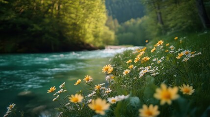 River flows through forest, wildflowers bloom, sunlight filters through trees; nature background