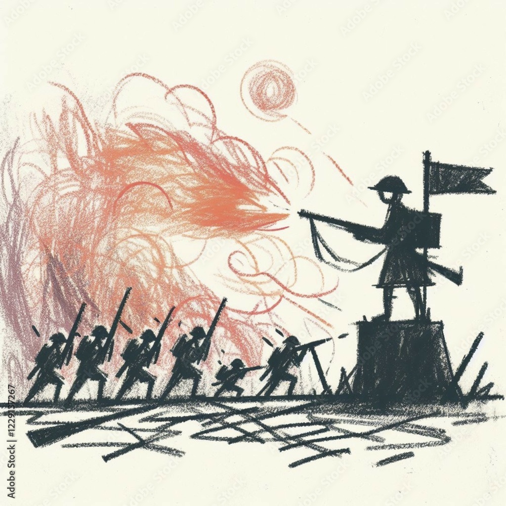 Poster dynamic abstract sketch of a battle scene with soldiers and fiery backdrop, ai generated