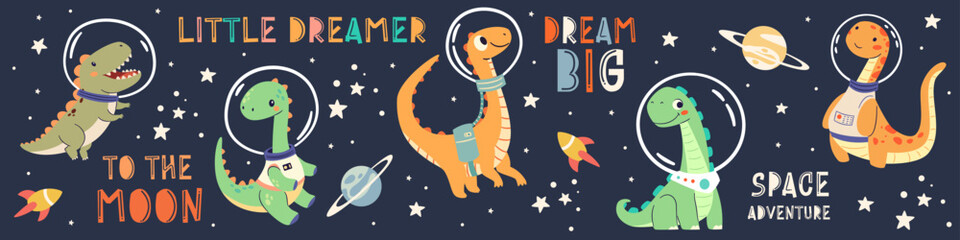 Set of flat vector illustrations in children's simple style. Cute dinosaurs in spacesuits flying in space, space lettering. Vector illustration © Alena