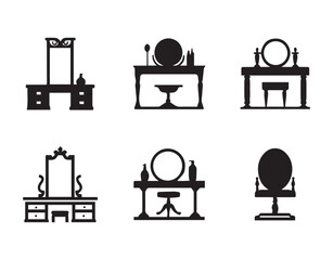 Collection of silhouettes of a dressing table. Template for stencils. A table for cosmetics. Vector illustration.
